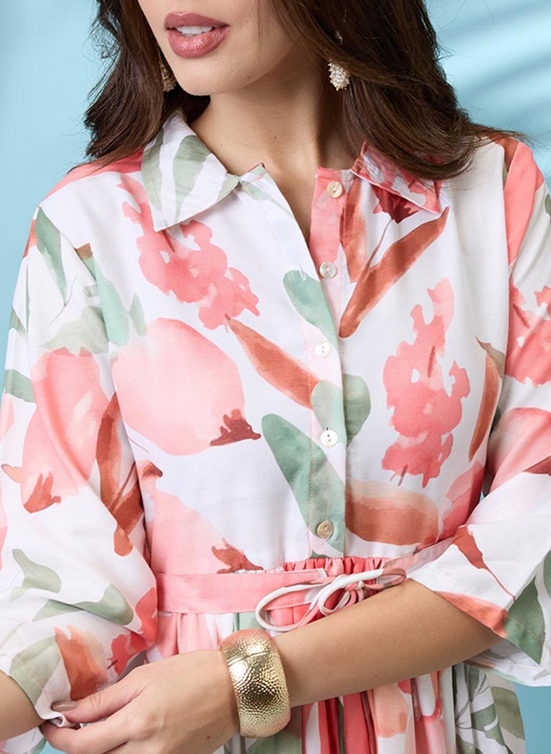 Globus Women White Floral Print Shirt Collar Gathered Fit and Flare Midi Fusion Dress With Belt - Image 5